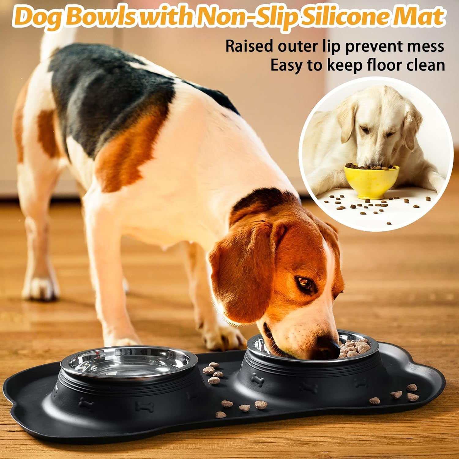 Pet Dog Bowls 2 Stainless Steel Dog Bowl with No Spill Non-Skid Silicone Mat + Pet Food Scoop Water and Food Feeder Bowls for Feeding Small Medium Large Dogs Cats Puppies (M, Black)